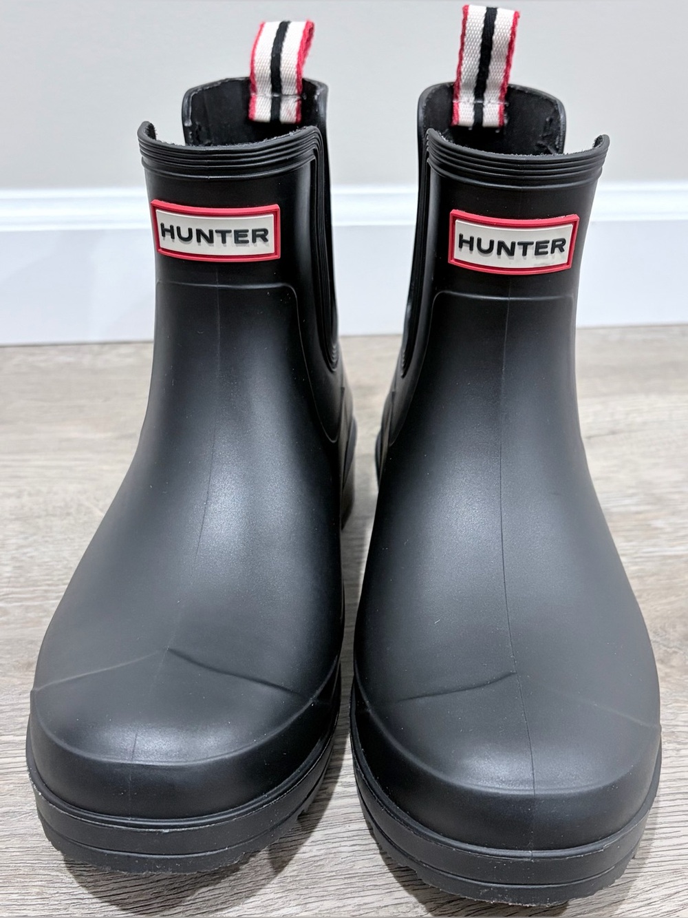 Hunter Black Short Rain Boots with Red Trim